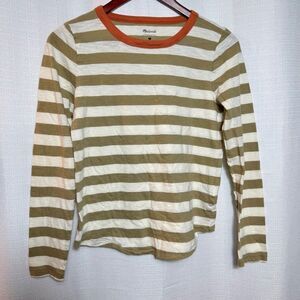 Madewell Striped Long Sleeve Tee Small Tan Cream Organic Cotton Crewneck